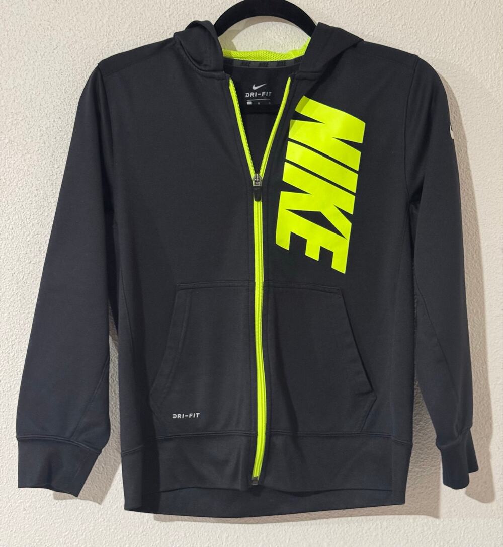 Nike Boys Large(L) Full Zip Hoodie Black Neon Green Volt Dri-Fit Fleece Big Logo